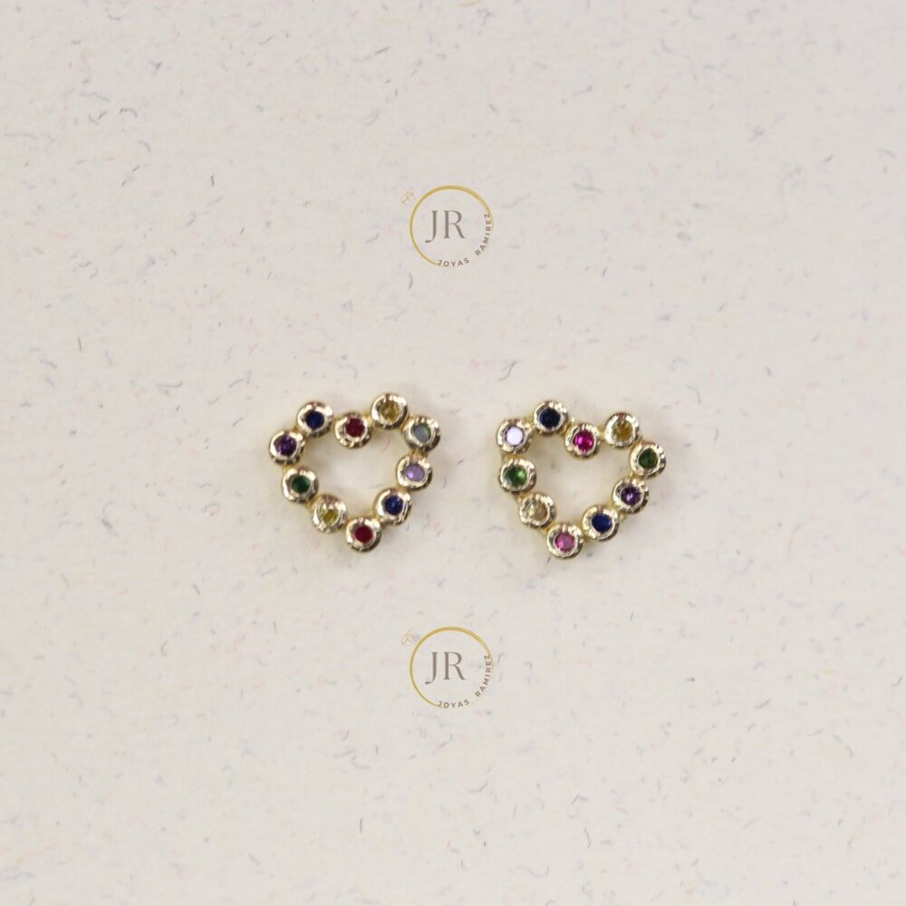 14K Yellow Gold Heart Stud Earrings with Rainbow Colors · Dainty & Elegant. - Picture 3 of 8